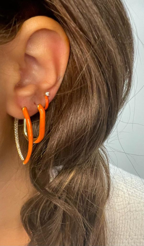 Orange Enamel and Gold Plated Crystal Oval Hoop Earrings