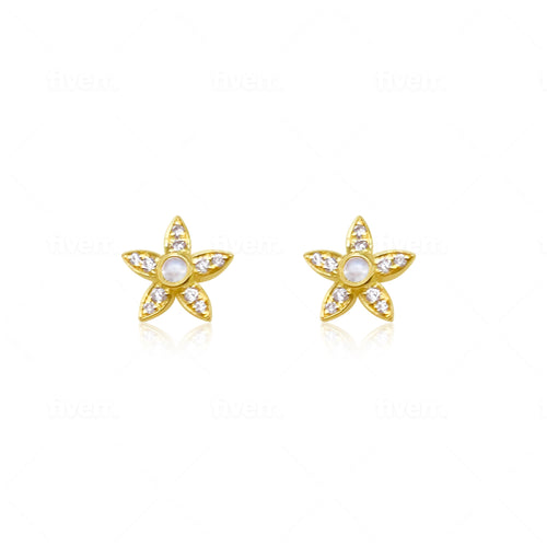 yellow gold and diamond studs with centered moonstone