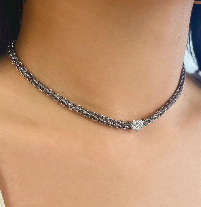 Black Silk Braided Y Necklace with White Gold Chain and CZ Heart
