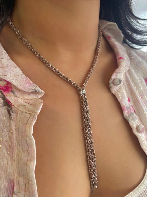 Rose Gold Silk Braided Y Necklace with White Gold Chain and CZ Heart
