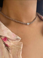 Rose Gold Silk Braided Y Necklace with White Gold Chain and CZ Heart
