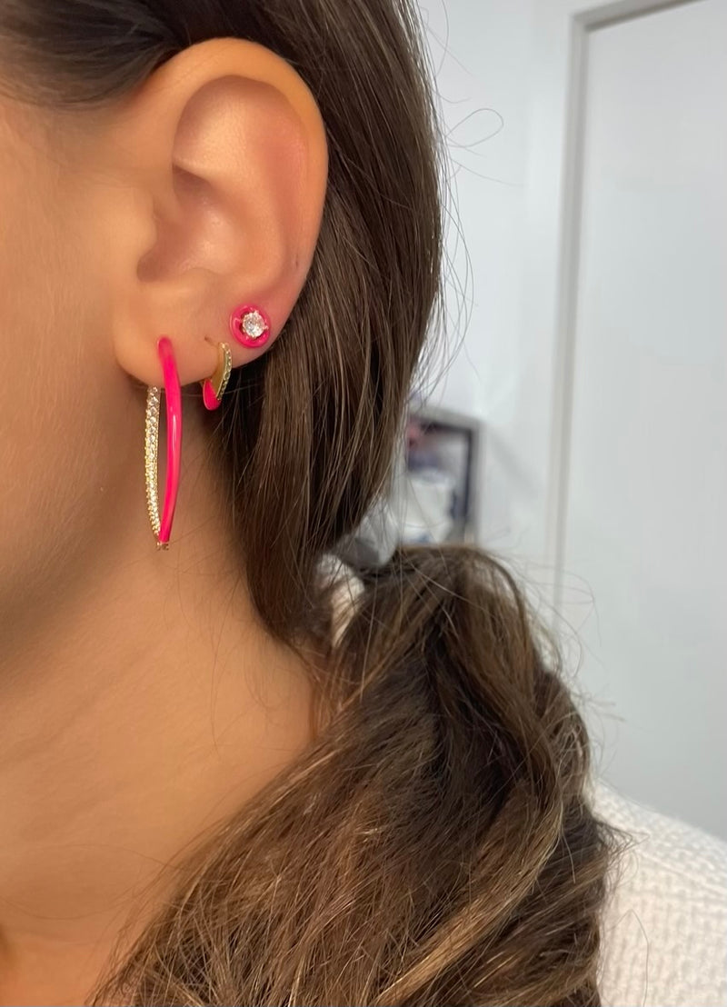 Neon Pink Enamel and Gold Plated Crystal Oval Hoop Earrings
