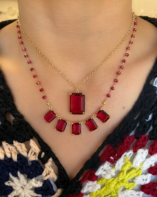Red Emerald Shape CZ Pendant Necklace