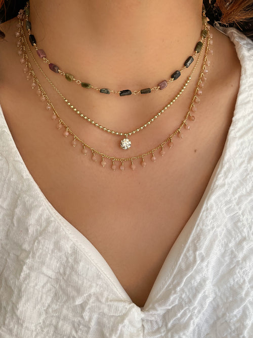 Pink Rose Quartz Drop Gold Plated Bead Necklace