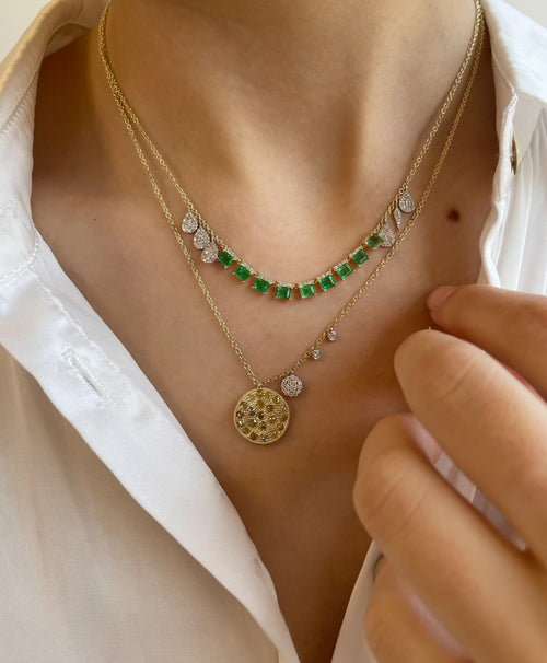 Yellow Gold Hanging Emerald And Diamond Necklace