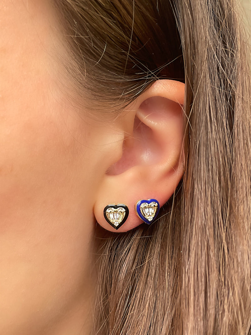 Black Enamel and Diamond Heart Studs- ONLINE EXCLUSIVE