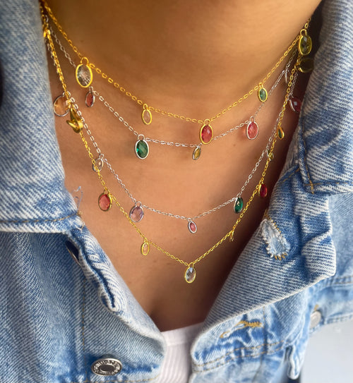 Silver and Multicolor Gemstone Drop Layering Necklace
