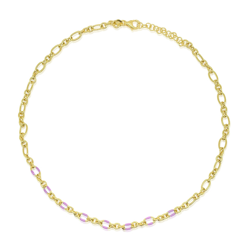 Yellow Gold Plated lavender Enamel Oval Chain Necklace
