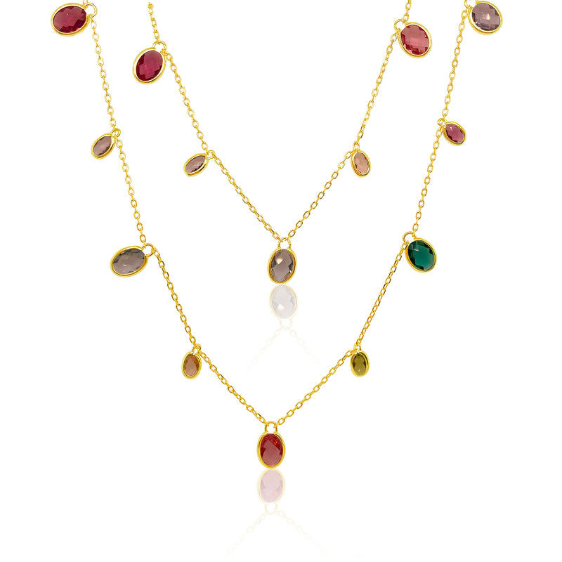 Yellow Gold Plated Gemstone Drop Layering Necklace