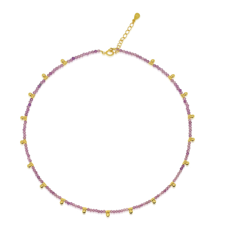 Amethyst Bead and Gold Plated Ball Drop Necklace.