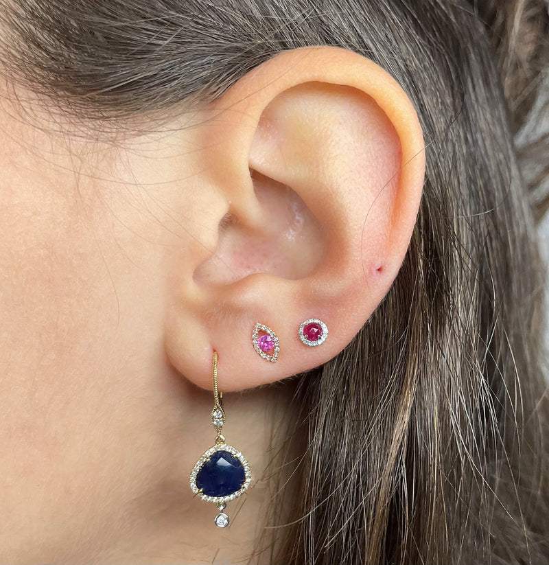 Blue Sapphire Drop Earrings with Bezel Set Diamond