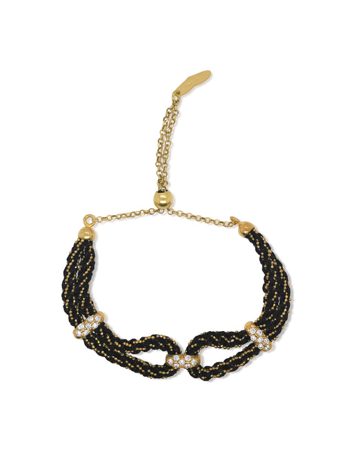 Gold Double Braided and Black Silk Bracelet with Triple CZ Buckle
