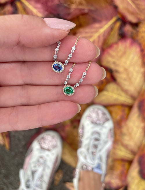 Birthstone Necklace With Diamond Halo | MAY Emerald