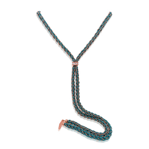 Turquoise Silk Braided Y Necklace with Rose Gold Chain and CZ Heart
