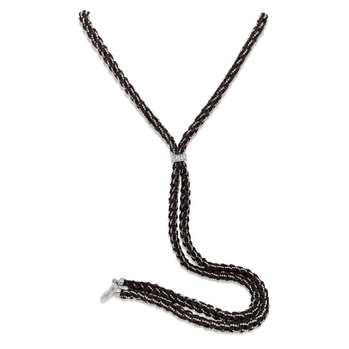 Black Silk Braided Y Necklace with White Gold Chain and CZ Heart

