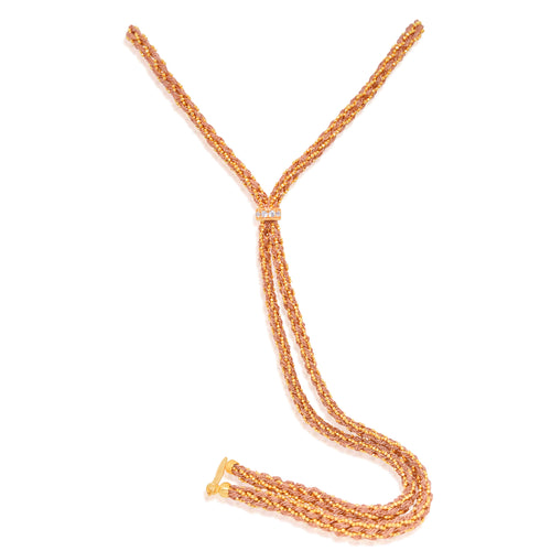 Yellow Silk Braided Y Necklace with Yellow Gold Chain and CZ Heart