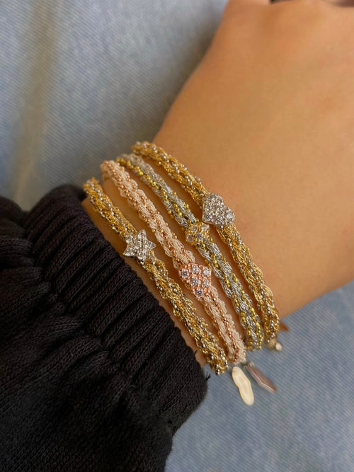 Yellow Gold Braided Chain and White Silk Bracelet with CZ Star
