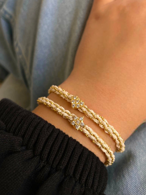 Yellow Gold Braided Chain and White Silk Bracelet with CZ Heart