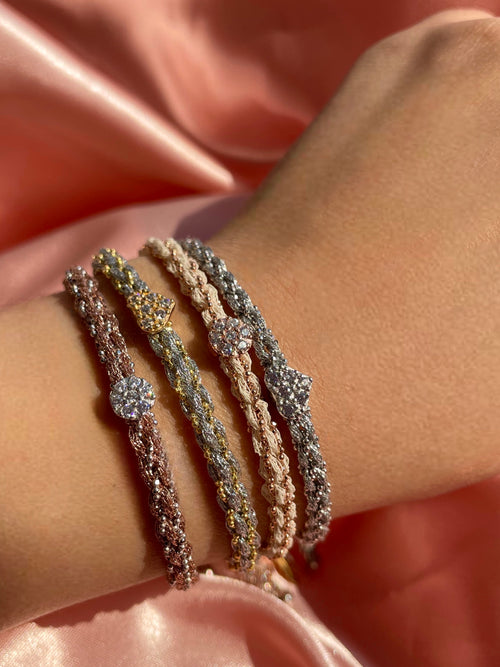 Rose Gold Braided Chain and White Silk Bracelet with CZ Disc