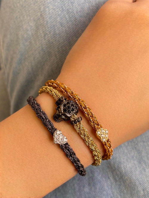 Yellow Gold Braided Bracelet with Black Rhodium Plated CZ Skull