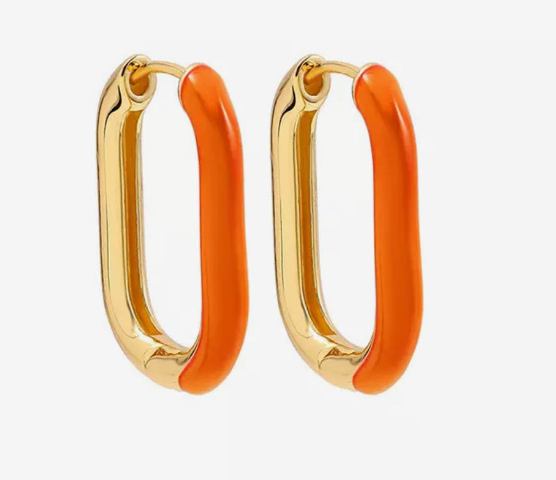 Orange Enamel Oval Hoop Earrings