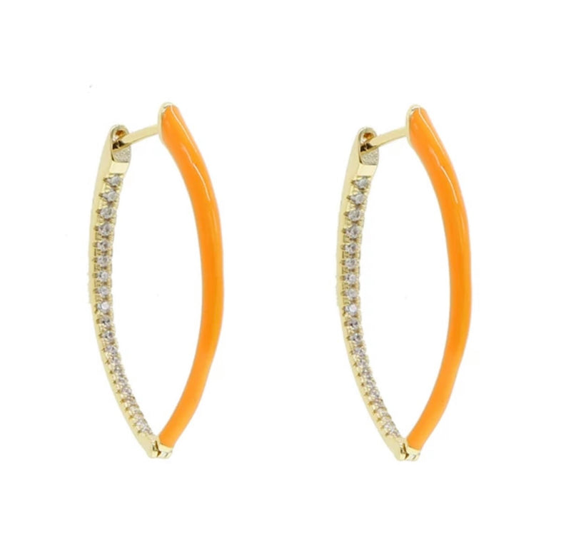Orange Enamel and Gold Plated Crystal Oval Hoop Earrings
