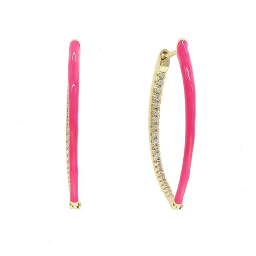 Neon Pink Enamel and Gold Plated Crystal Oval Hoop Earrings
