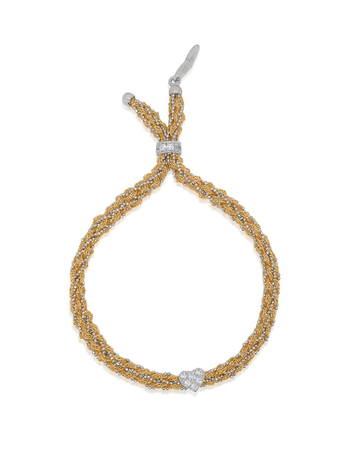 White Gold Braided Chain and Gold Silk Bracelet with CZ Heart
