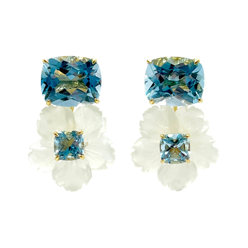 Cushion-Cut Blue Topaz with Carved Serpentine Flower Drop Earrings