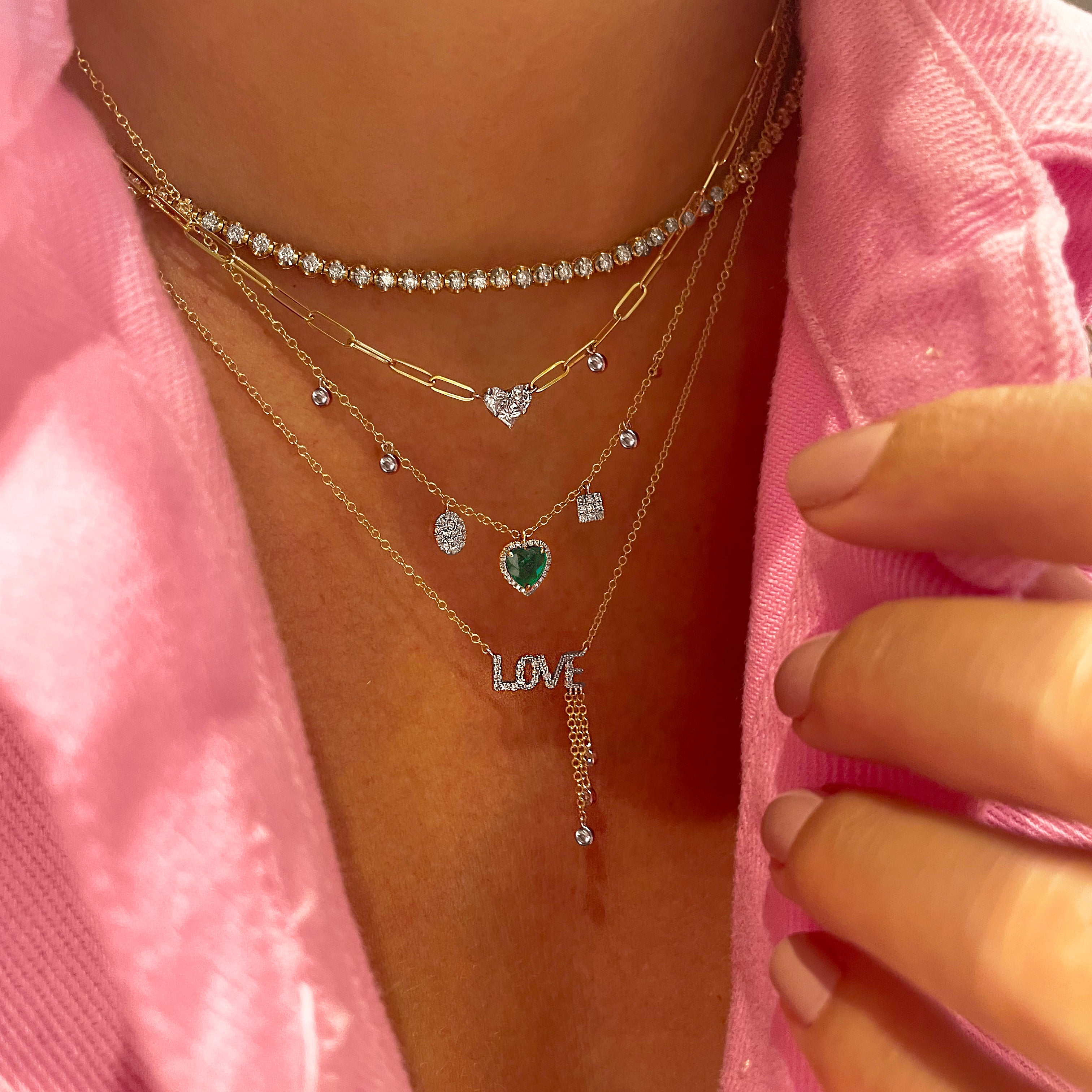 Paperclip Necklace with Diamond Heart Charm and Bezel