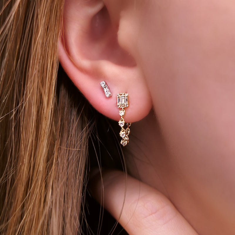 Yellow gold emerald illusion drop earrings with diamond chain