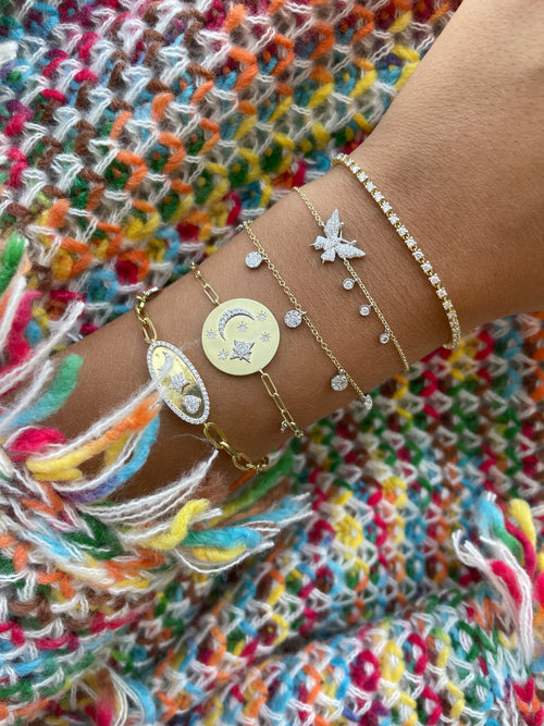 Celestial Medal Paperclip Bracelet Silver and Diamonds
