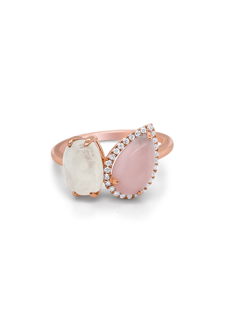 rose gold and diamond ring with pink opal and moonstone