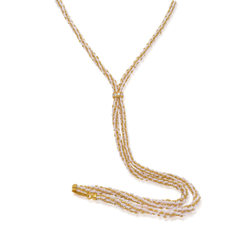 White Silk Braided Y Necklace with Yellow Gold Chain and CZ Star