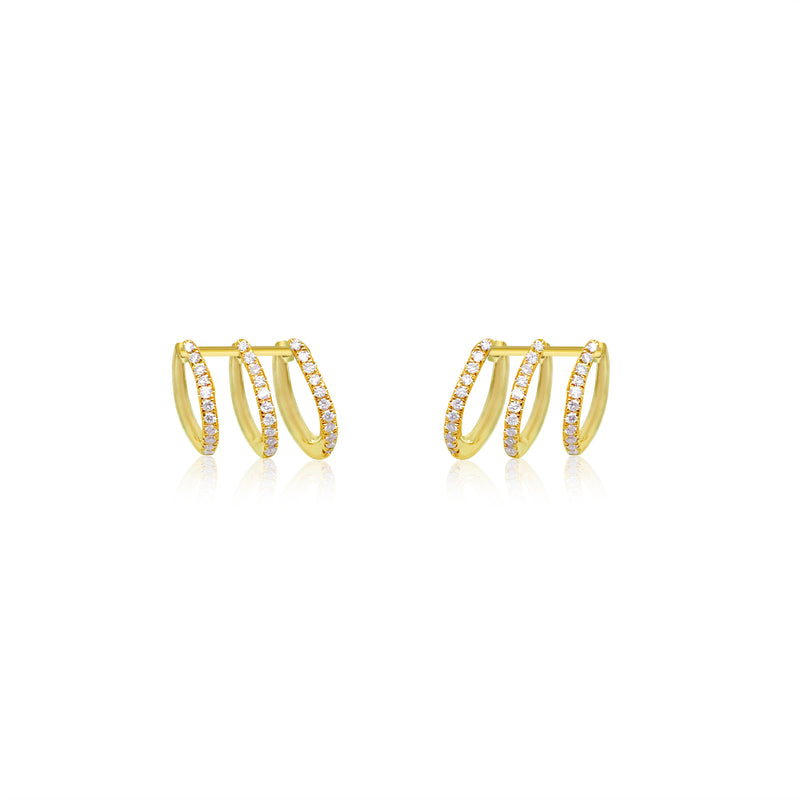 3 hooped yellow gold and diamond illusion studs