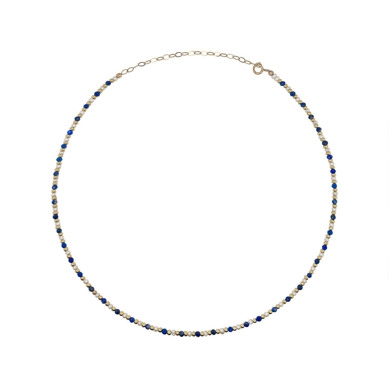 Alternating  Dainty Lapis Pearl and Gold Bead Necklace