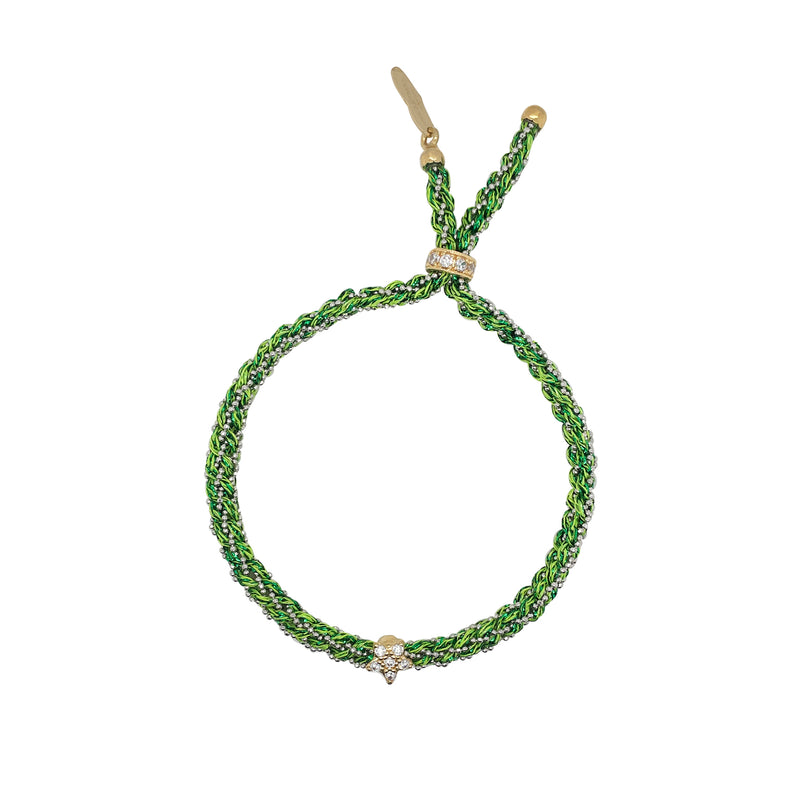 yellow gold braided chain and green silk bracelet with cz star