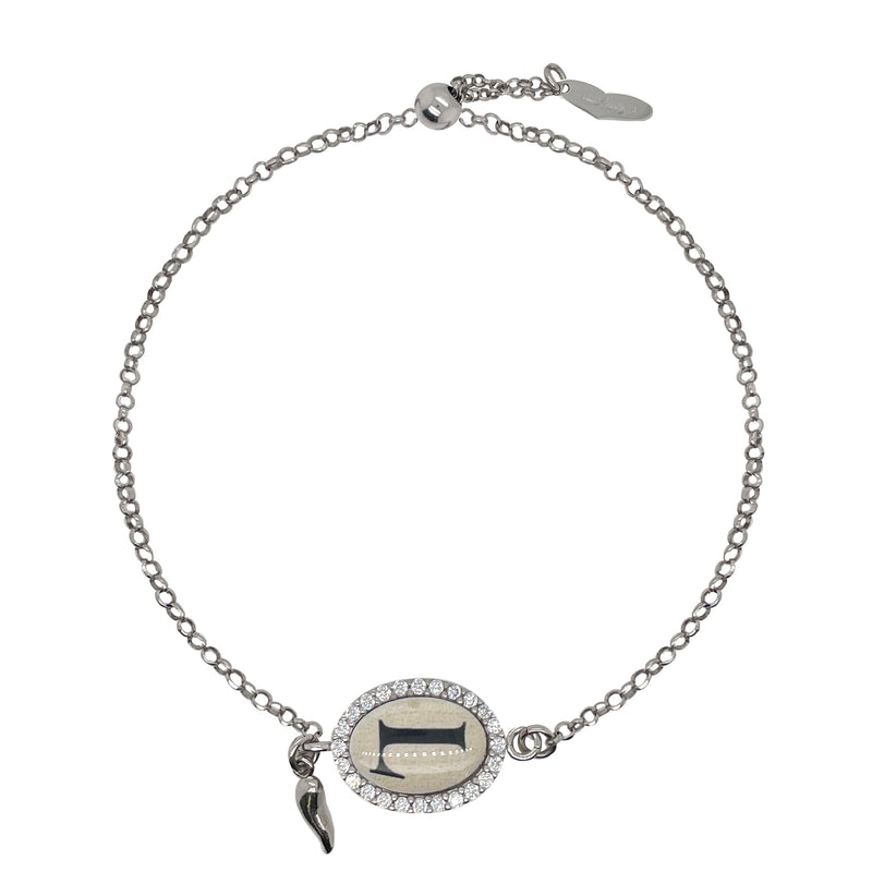 silver and enamel initial bracelet with italian horn charm