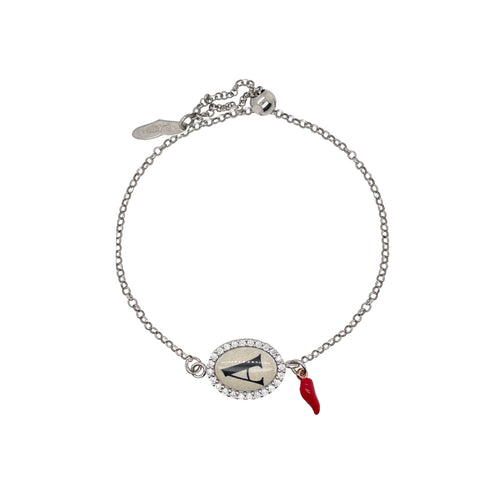 Silver and Enamel Initial Bracelet with Red Italian Horn Charm
