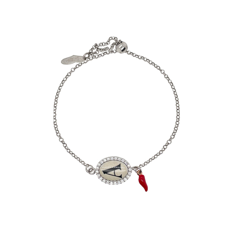 Silver and Enamel Initial Bracelet with Red Italian Horn Charm
