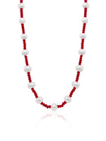 White Pearl and Red Bead Long Wrap Necklace