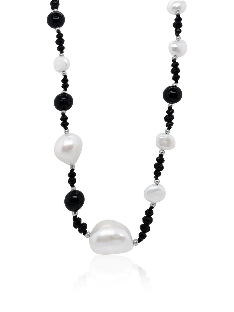 White Organic Pearl and Black Hematite Bead Long Wrap Necklace