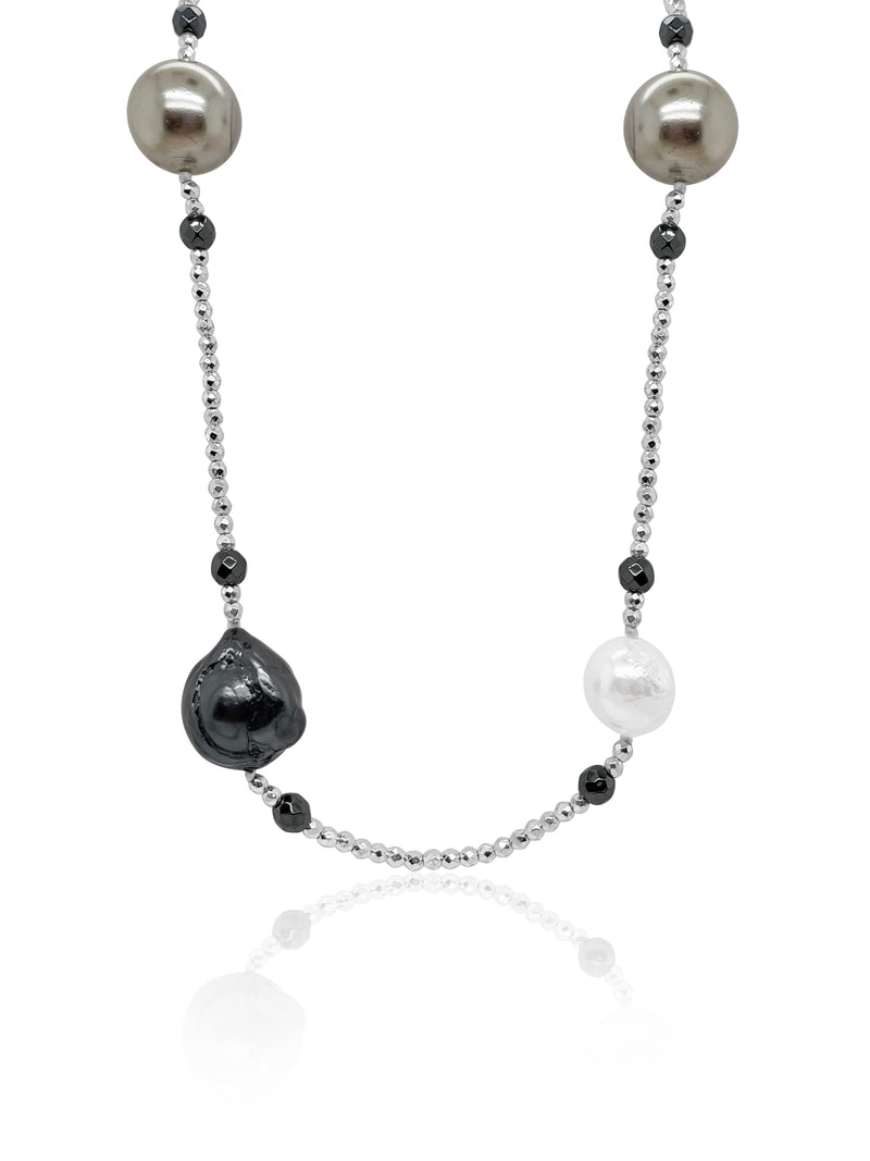 Organic Pearl and Silver Hematite Bead Long Wrap Necklace