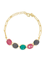 Yellow Gold Plated Paperclip Chain with 5 Multicolor Stones
