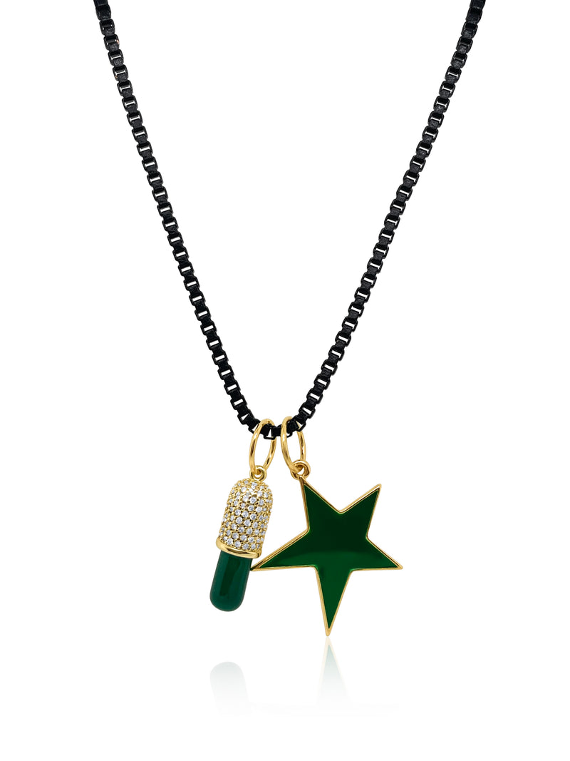 black box chain with 18k gold fill pill and green star charm