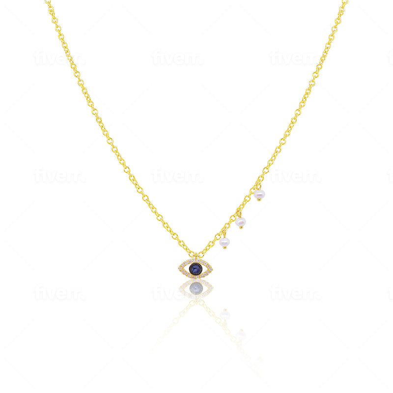 Yellow Gold Evil Eye and Pearl Charm Necklace