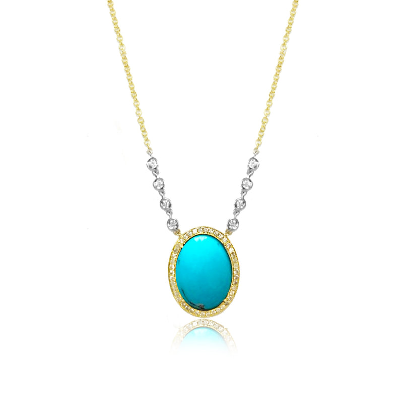 Yellow Gold Turquoise and Diamond Oval Necklace