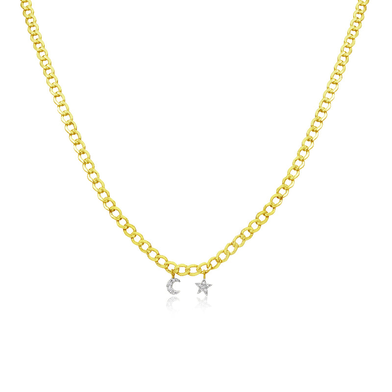 Mini Moon and Star Cuban Chain Necklace