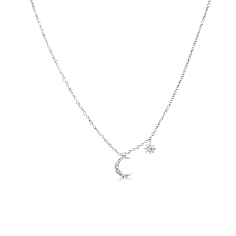 White Gold Dainty Diamond Moon and Star Necklace