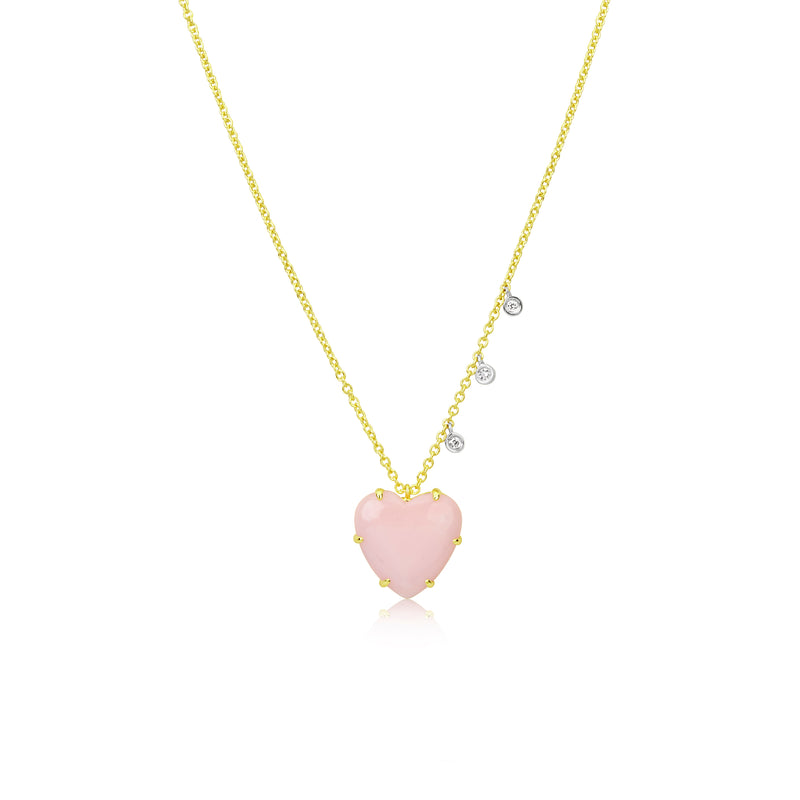 yellow gold pink opal heart and diamond bezels necklace